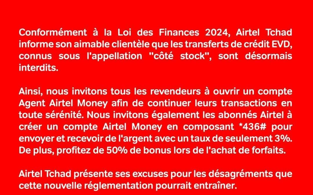 Airtel Tchad annonce l&rsquo;interdiction des transferts de crédit « côté stock » : Nouvelle réglementation en vigueur