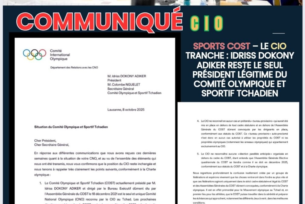 TCHAD – Le CIO tranche : Idriss Dokony Adiker reste le seul président légitime du Comité Olympique et Sportif Tchadien